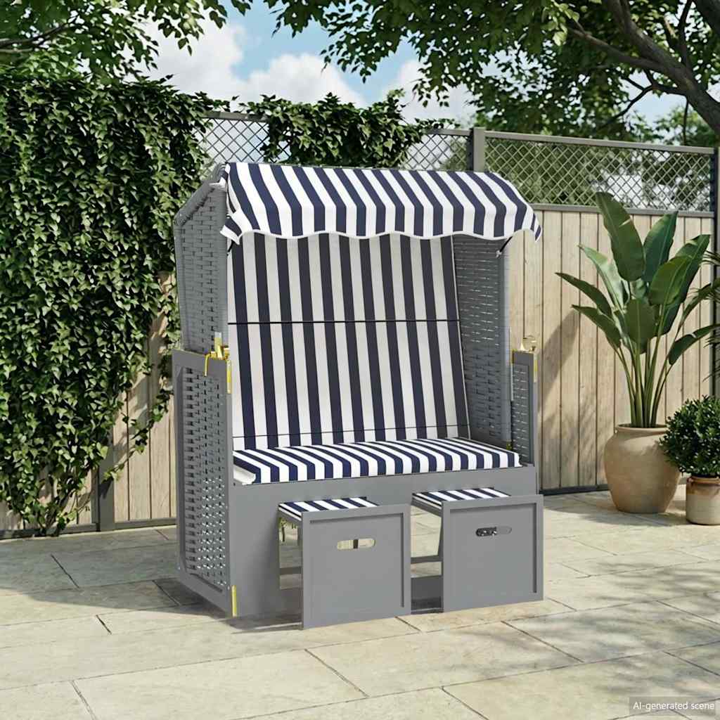Kék és fehér polyrattan és tömör fa strandszék tetővel