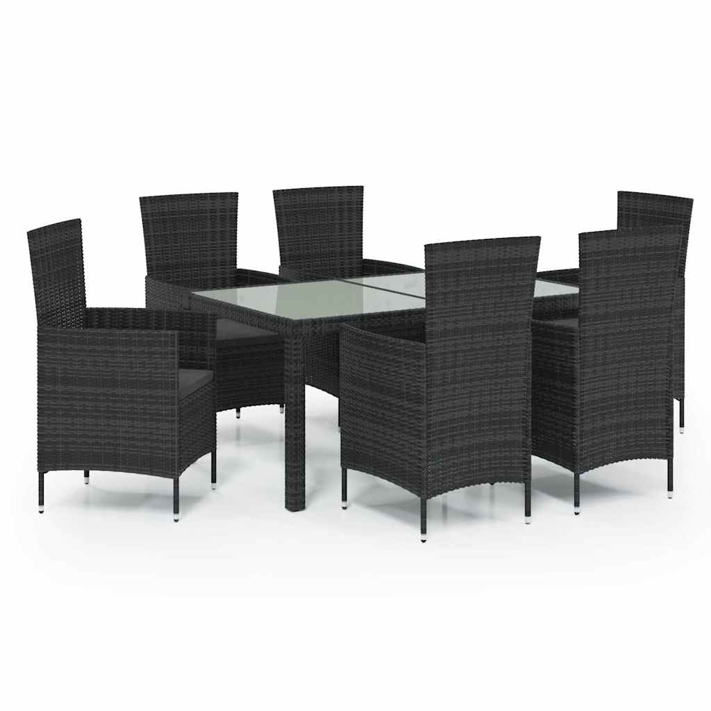 7 részes fekete polyrattan kültéri étkezőszett párnákkal 2