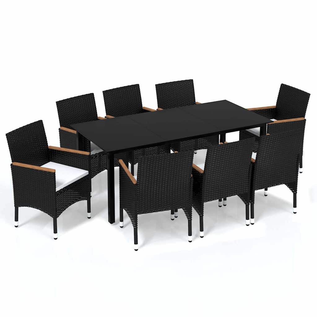 9 részes fekete polyrattan kerti étkezőgarnitúra párnákkal 2
