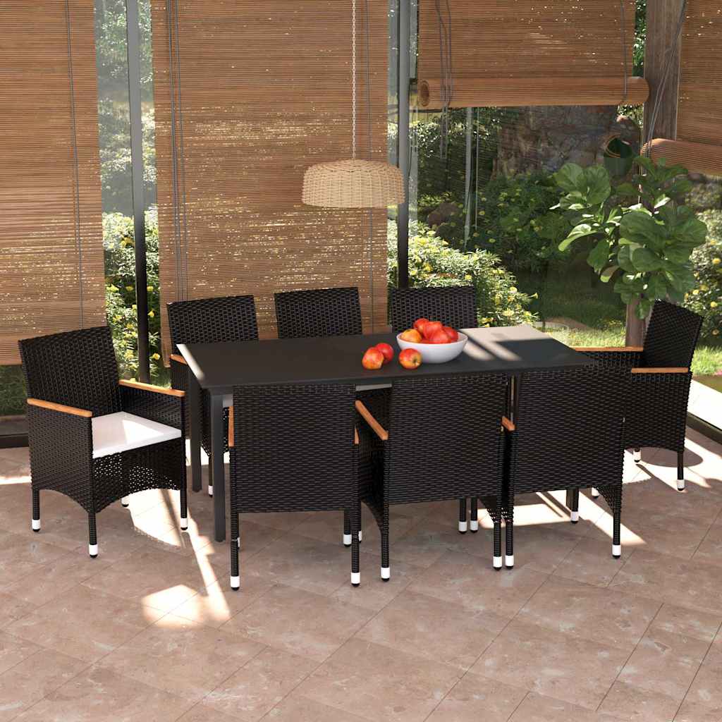 9 részes fekete polyrattan kerti étkezőgarnitúra párnákkal