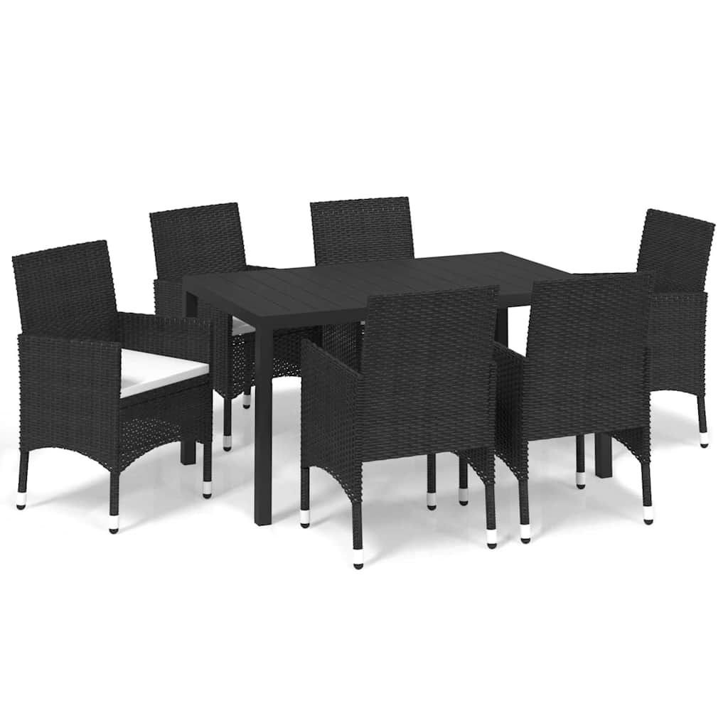 7 részes fekete polyrattan kerti étkezőgarnitúra párnákkal 2