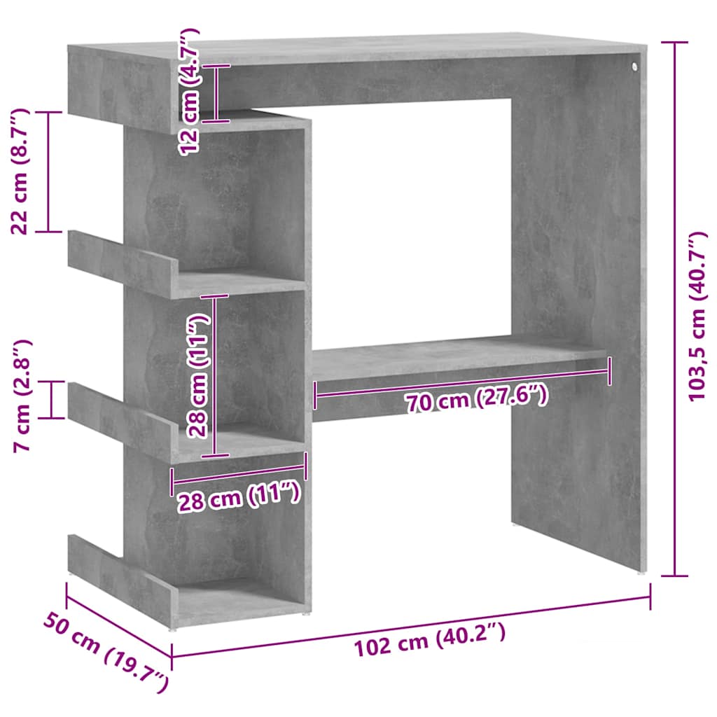 Betonszürke szerelt fa bárasztal tárolópolccal 100x50x101,5 cm 7