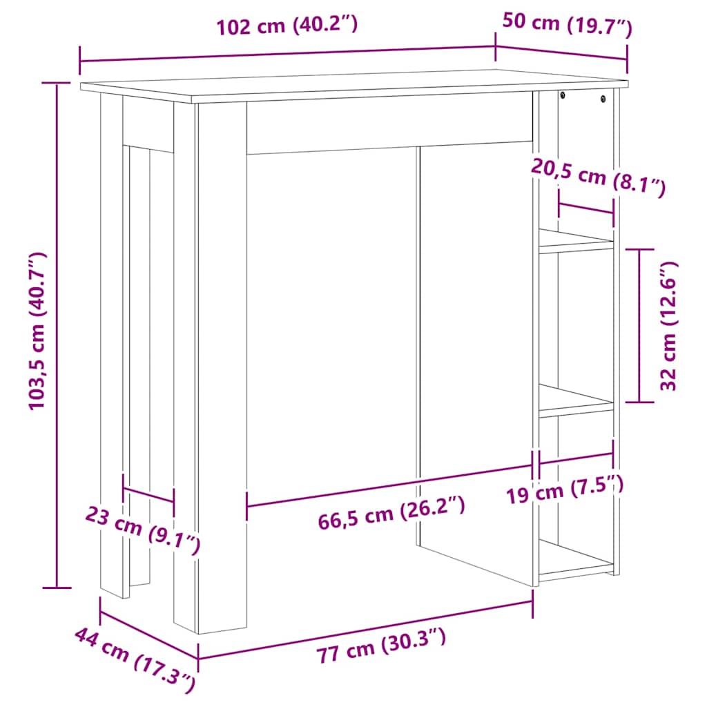 Barna tölgy színű szerelt fa bárasztal polccal 102x50x103,5 cm 7