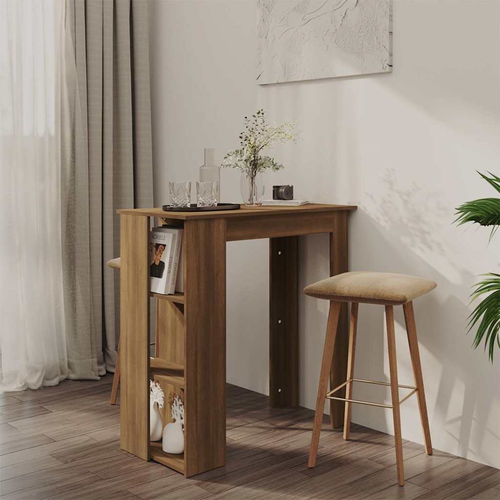 Barna tölgy színű szerelt fa bárasztal polccal 102x50x103,5 cm