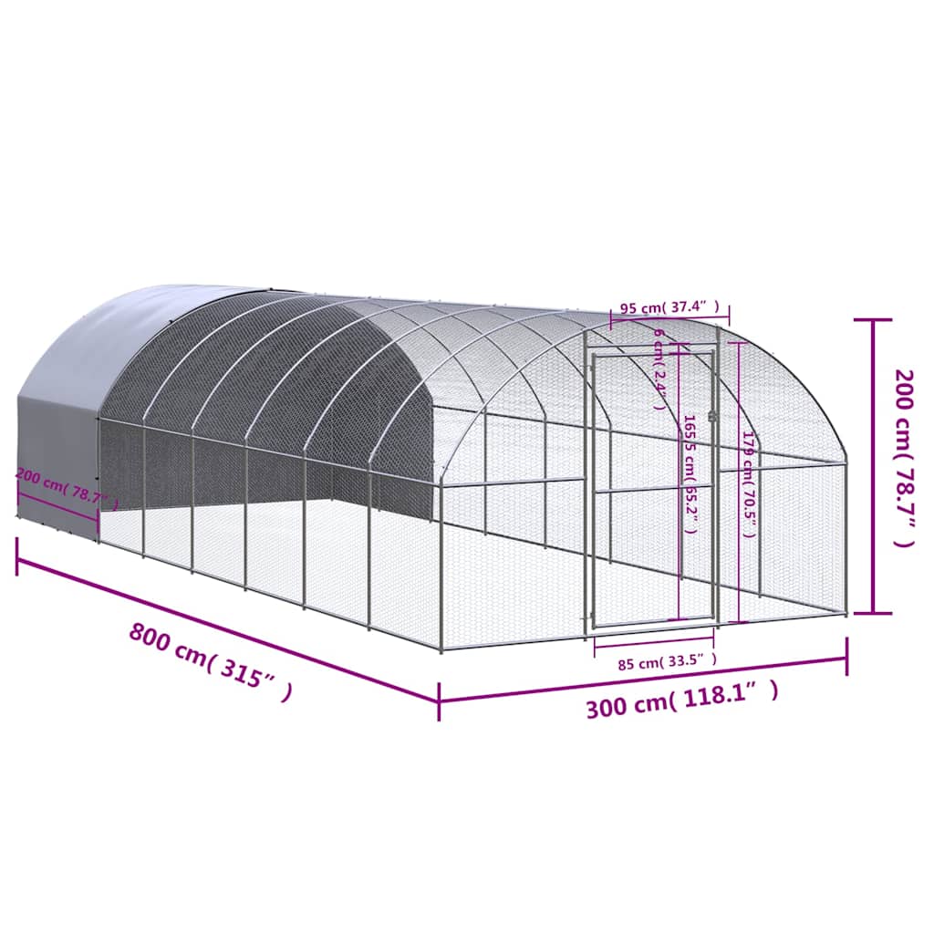 Kültéri horganyzott acél tyúkól 3 x 8 x 2 m 9