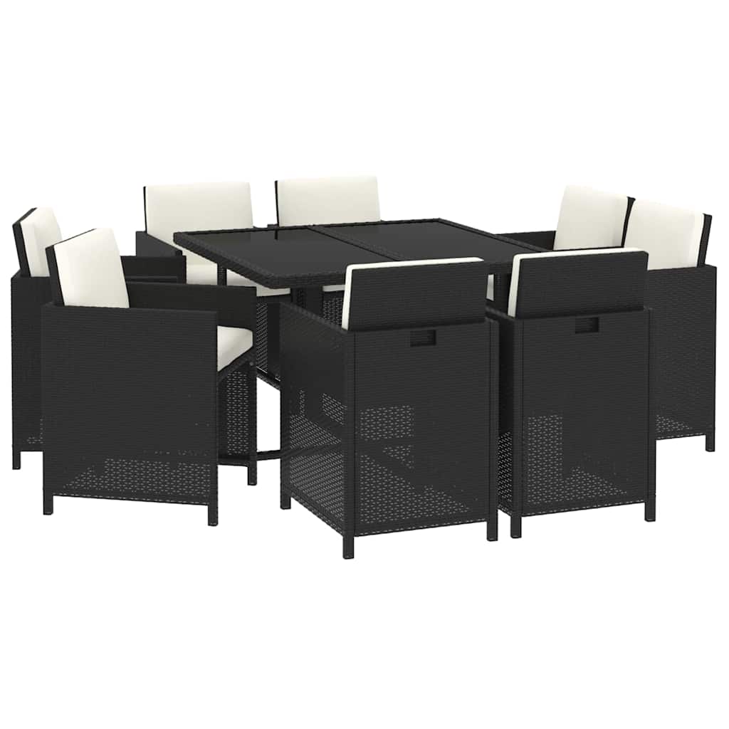 9 részes fekete polyrattan kerti étkezőgarnitúra párnákkal 3