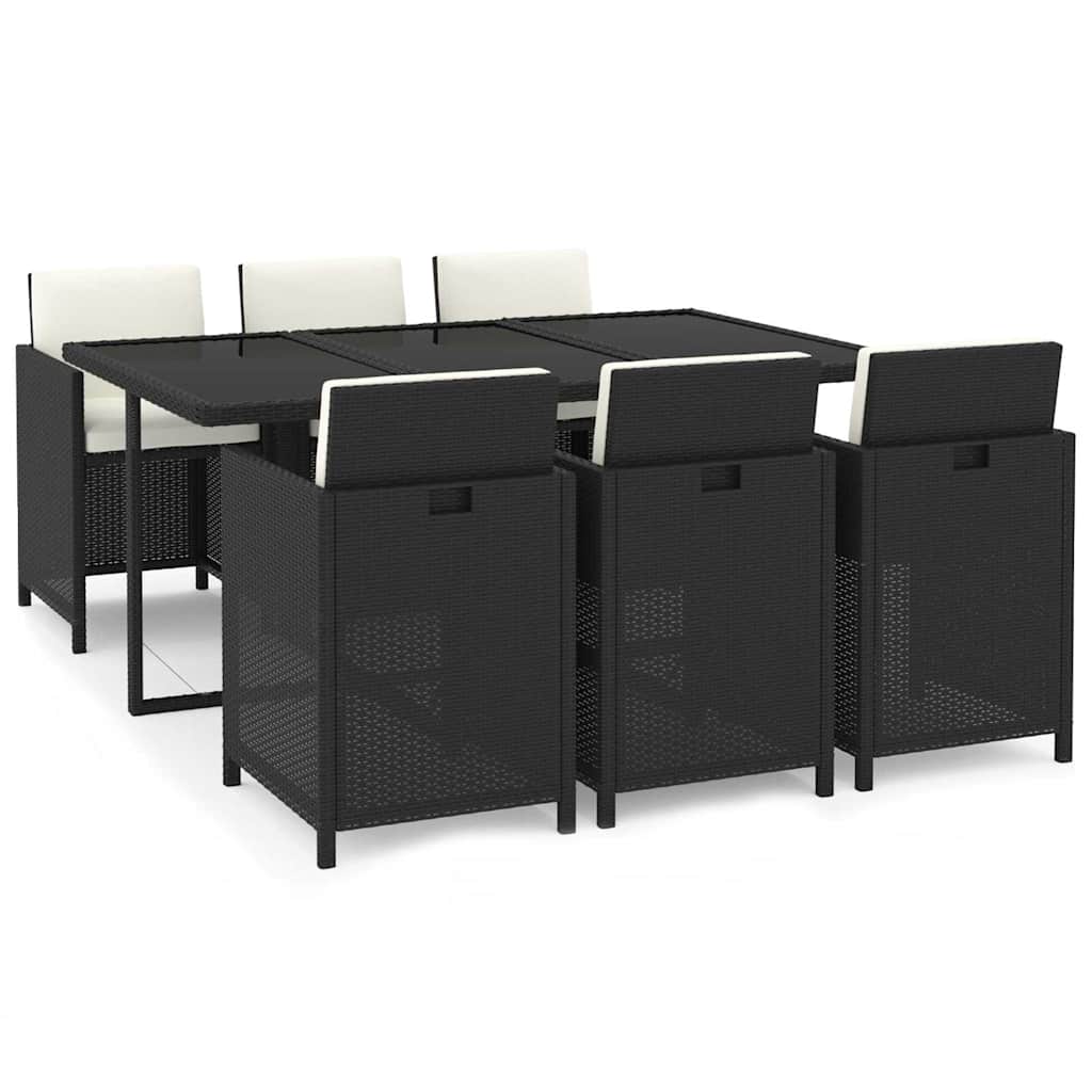 7 részes fekete polyrattan kerti étkezőgarnitúra párnákkal 2