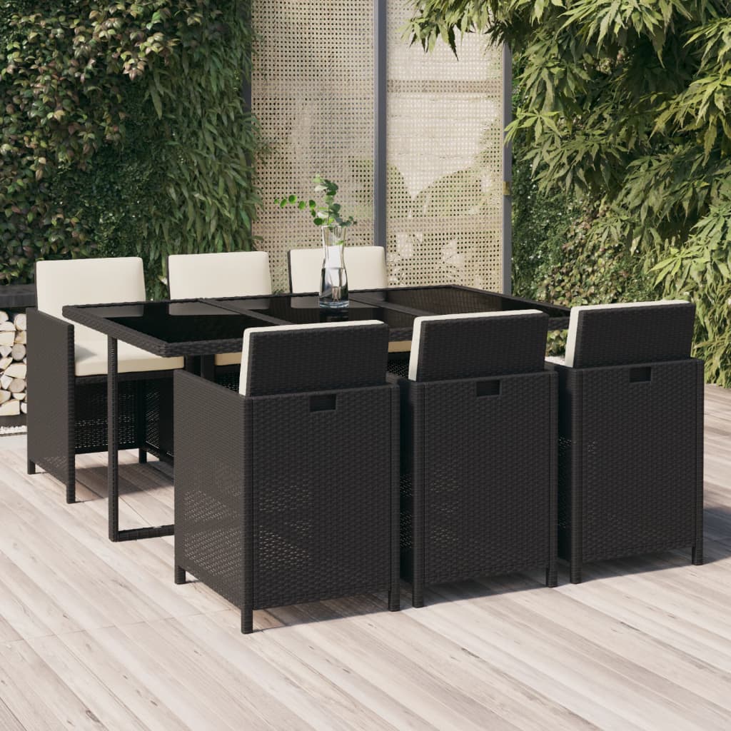 7 részes fekete polyrattan kerti étkezőgarnitúra párnákkal
