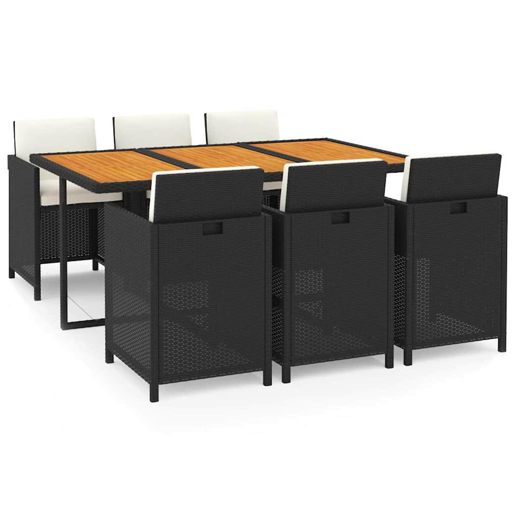 7 részes fekete polyrattan kerti étkezőgarnitúra párnákkal 2