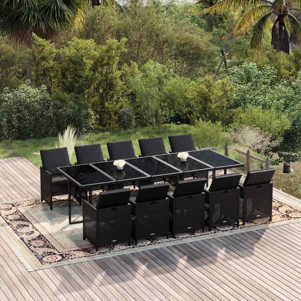 11 részes fekete polyrattan kerti étkezőgarnitúra párnákkal