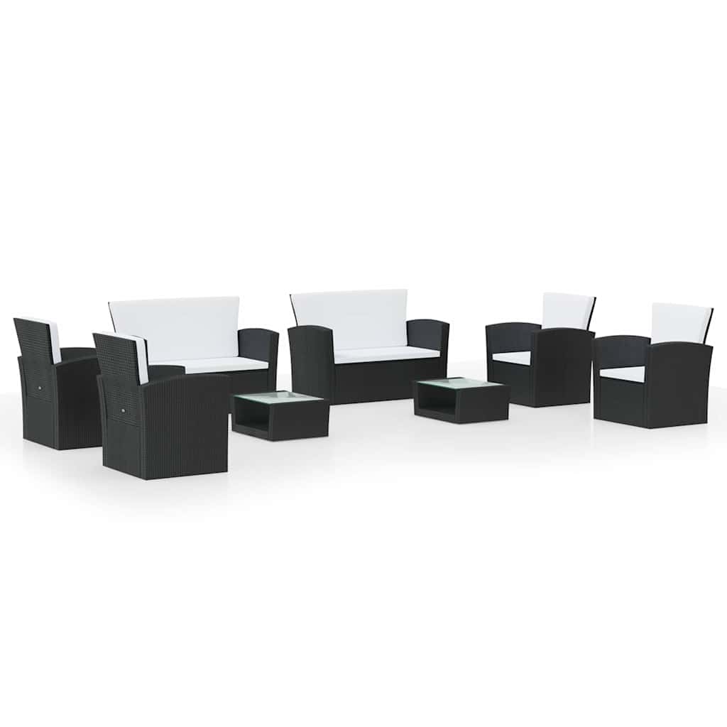 8 részes fekete polyrattan kerti társalgószett párnákkal 2