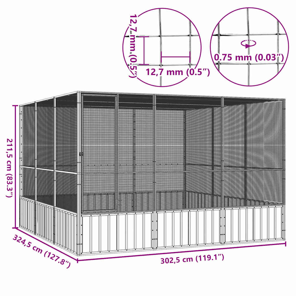 Szürke horganyzott acél madárketrec 302,5x324,5x211,5 cm 6