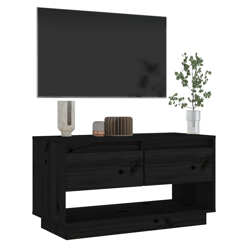 Fekete tömör fenyőfa TV-szekrény 74x34x40 cm 7