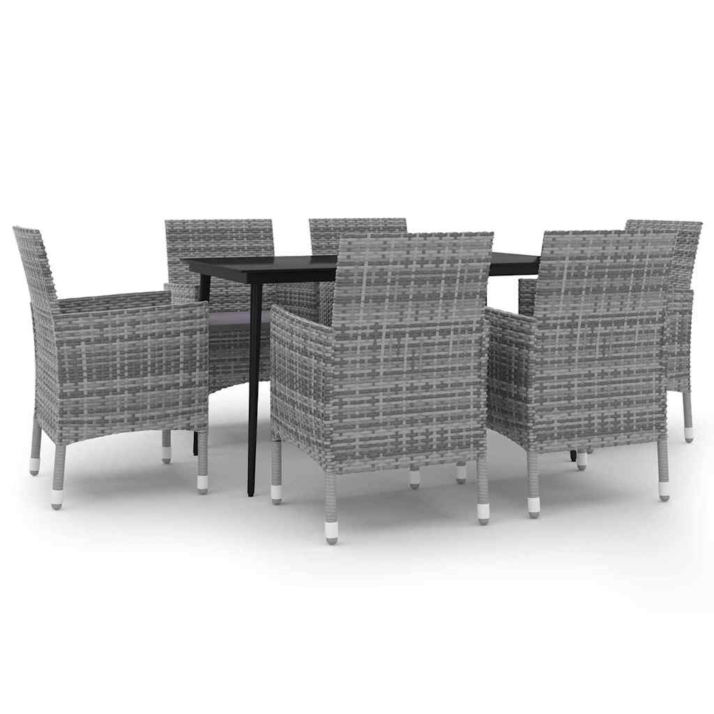 7 részes szürke polyrattan-üveg kültéri étkezőszett párnákkal 2