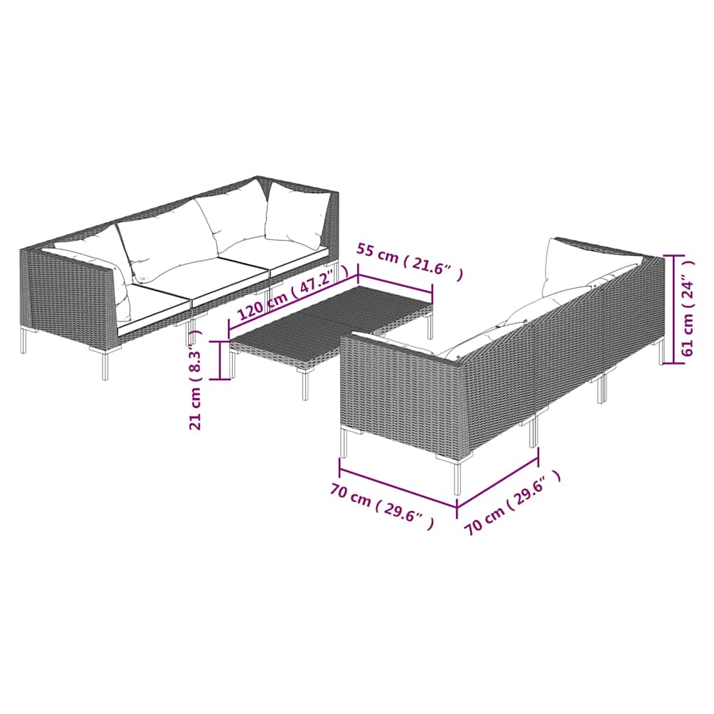 7 részes sötétszürke polyrattan kerti bútorszett párnákkal 9