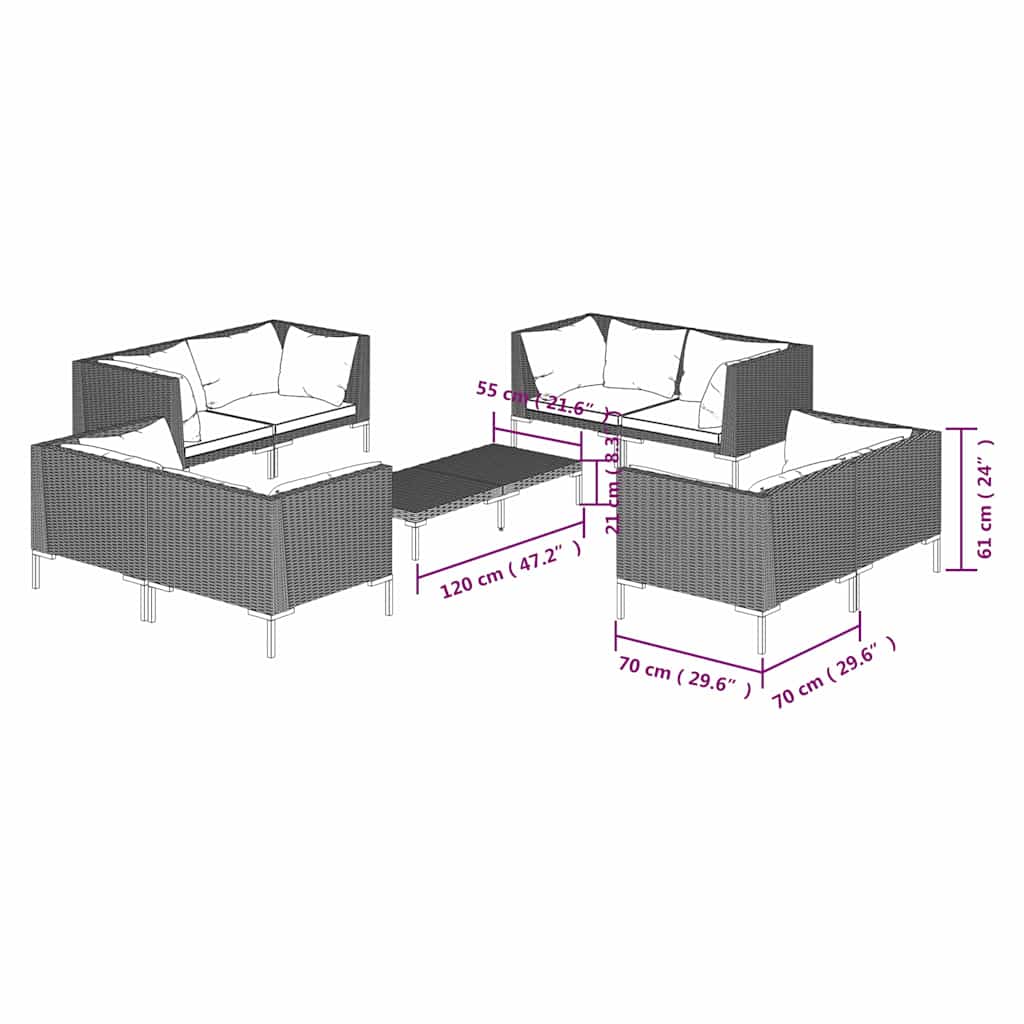9 részes sötétszürke polyrattan kerti bútorszett párnákkal 7
