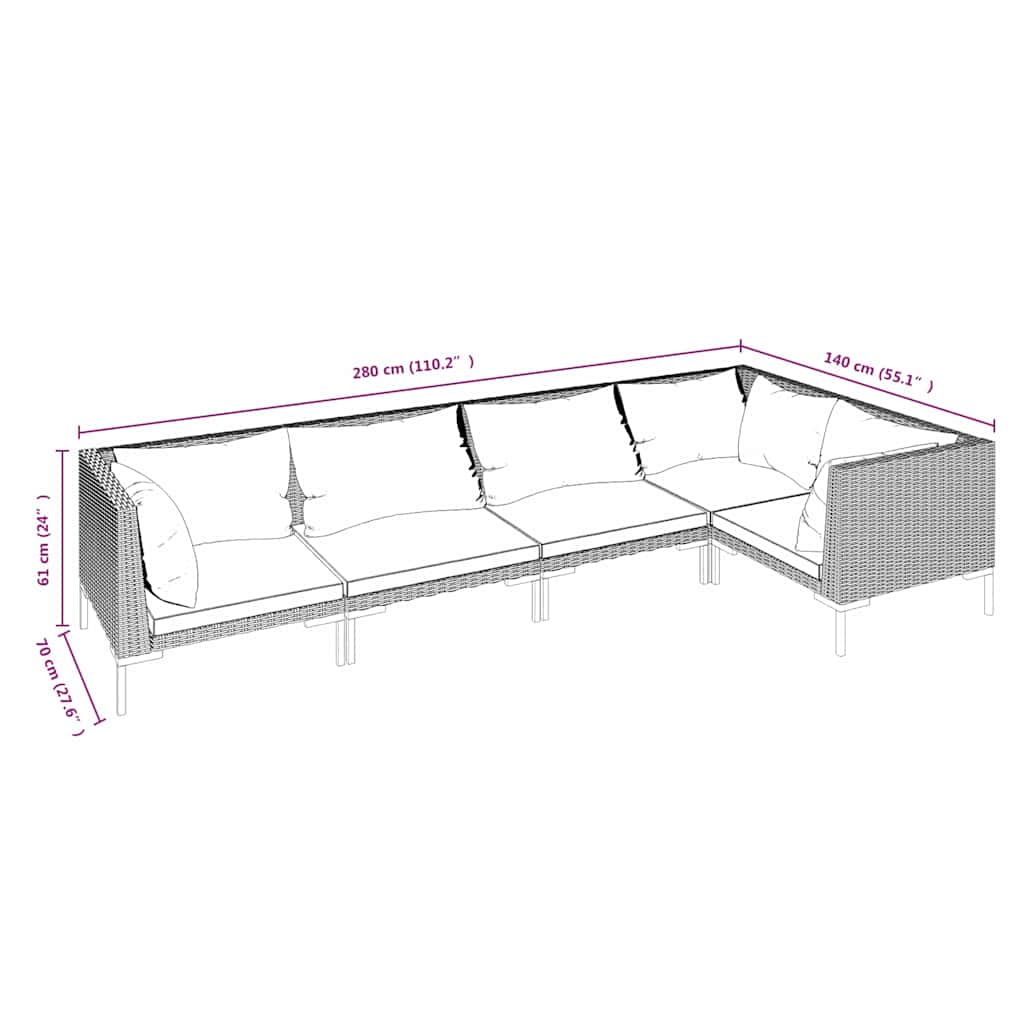 5 részes sötétszürke polyrattan kerti ülőgarnitúra párnákkal 7