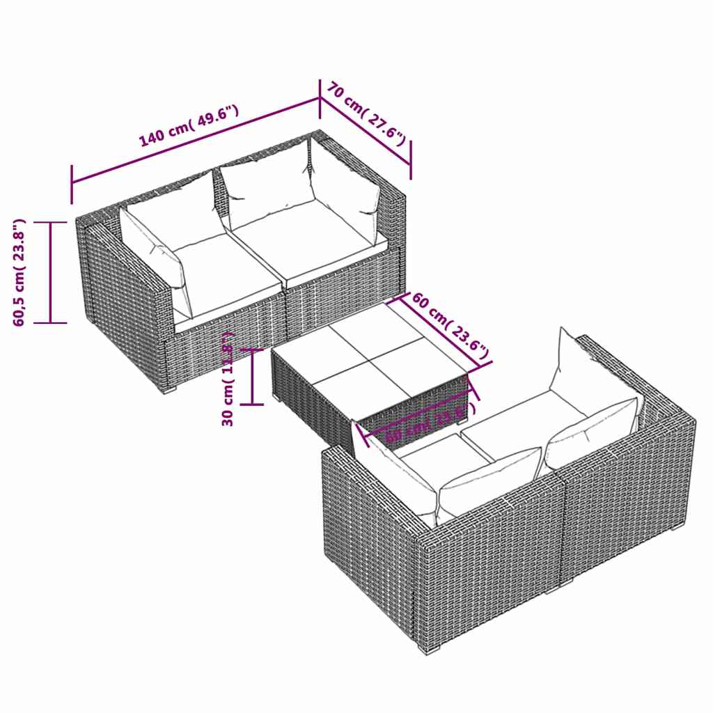 5 részes barna polyrattan kerti ülőgarnitúra párnákkal 7