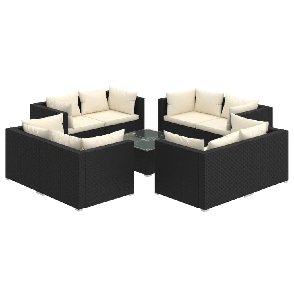 9 részes fekete polyrattan kerti ülőgarnitúra párnákkal 2
