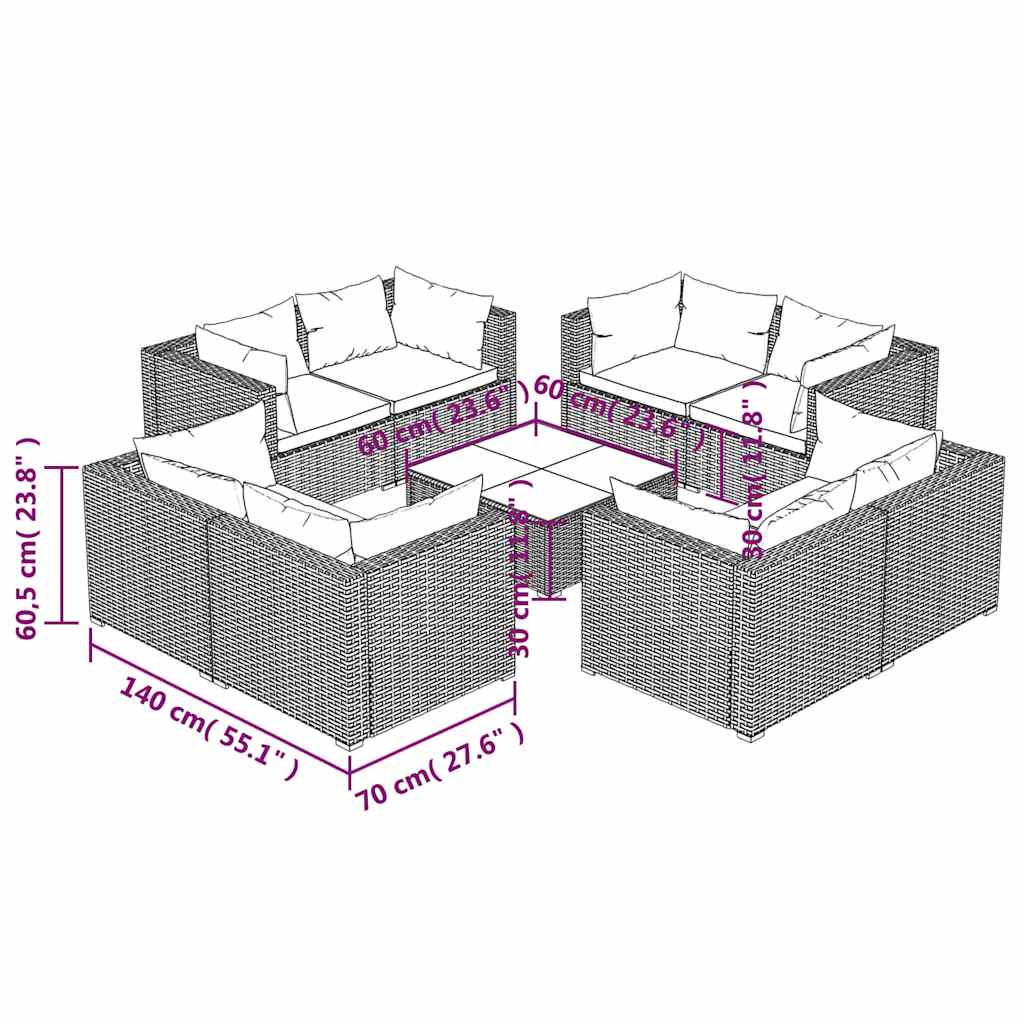 9 részes fekete polyrattan kerti ülőgarnitúra párnákkal 7