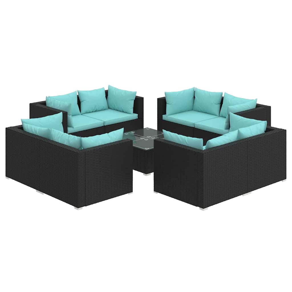 9 részes fekete polyrattan kerti ülőgarnitúra párnákkal 2