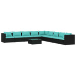 10 részes fekete polyrattan kerti ülőgarnitúra párnákkal 2