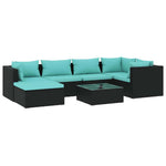 7 részes fekete polyrattan kerti ülőgarnitúra párnákkal 2