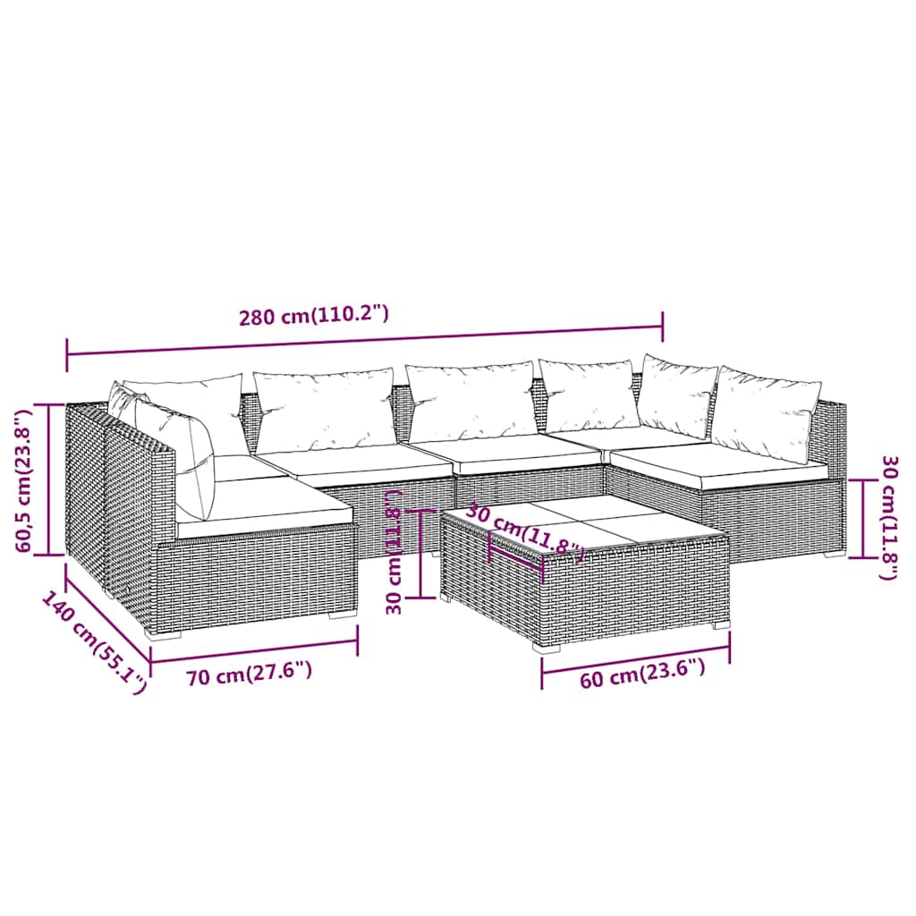7 részes barna polyrattan kerti ülőgarnitúra párnákkal 9