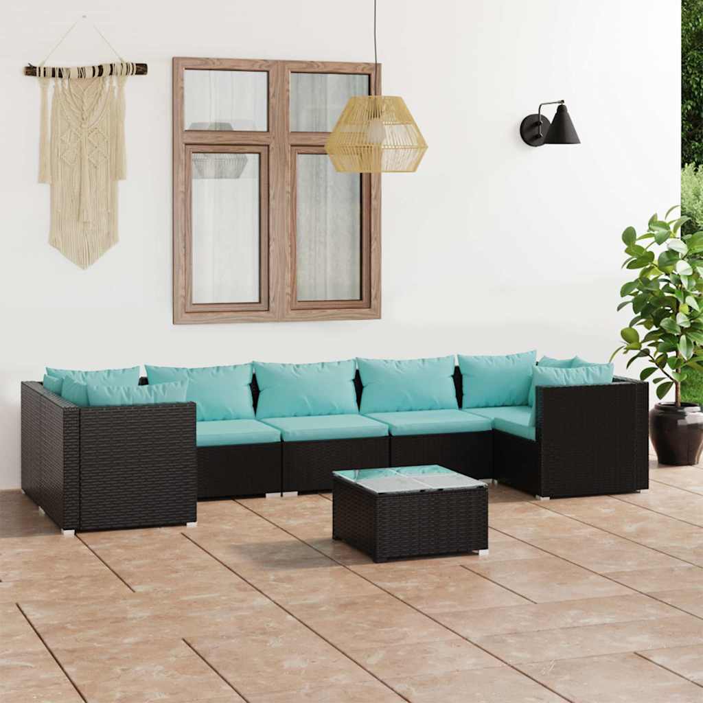8 részes fekete polyrattan kerti ülőgarnitúra párnákkal