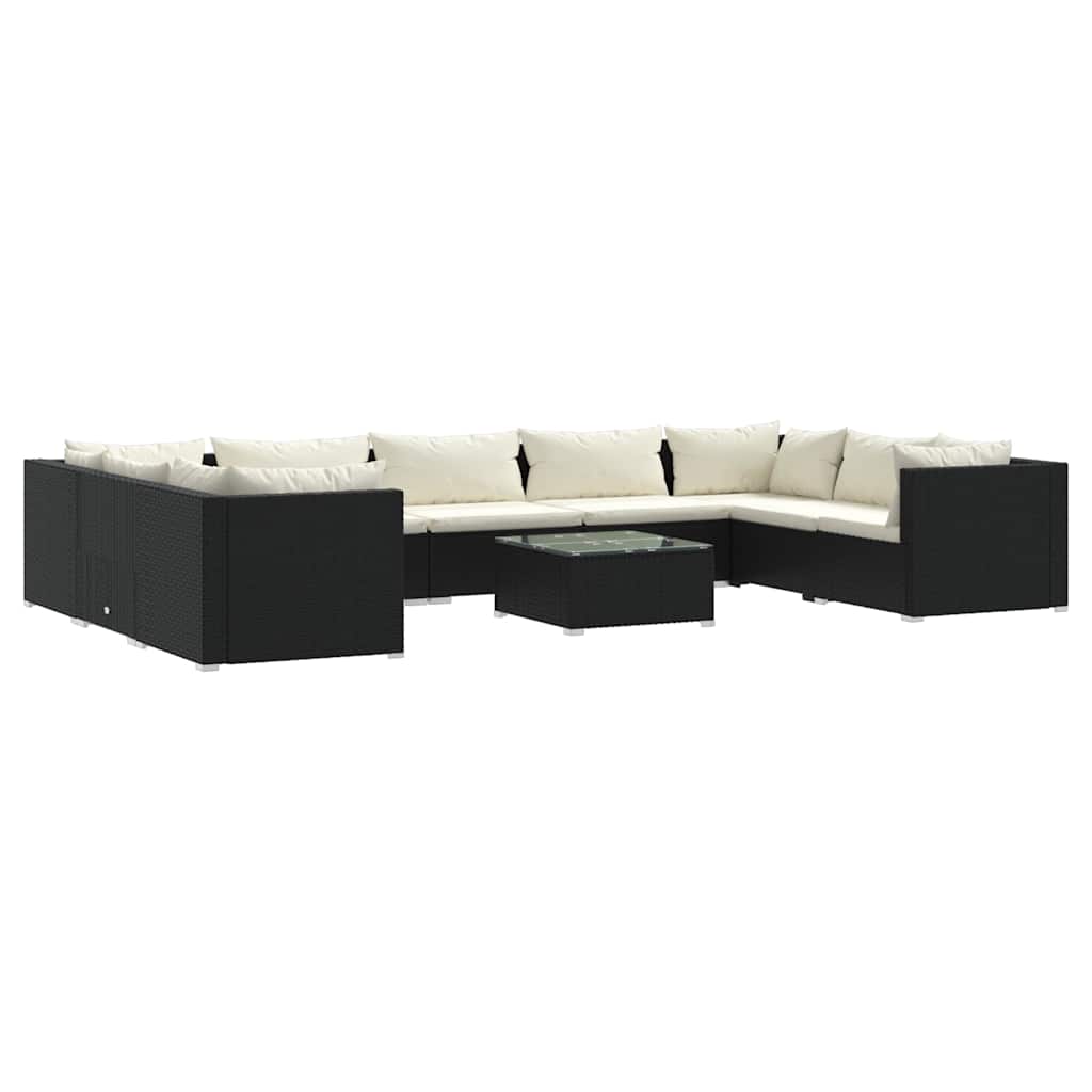 10 részes fekete polyrattan kerti ülőgarnitúra párnákkal 2