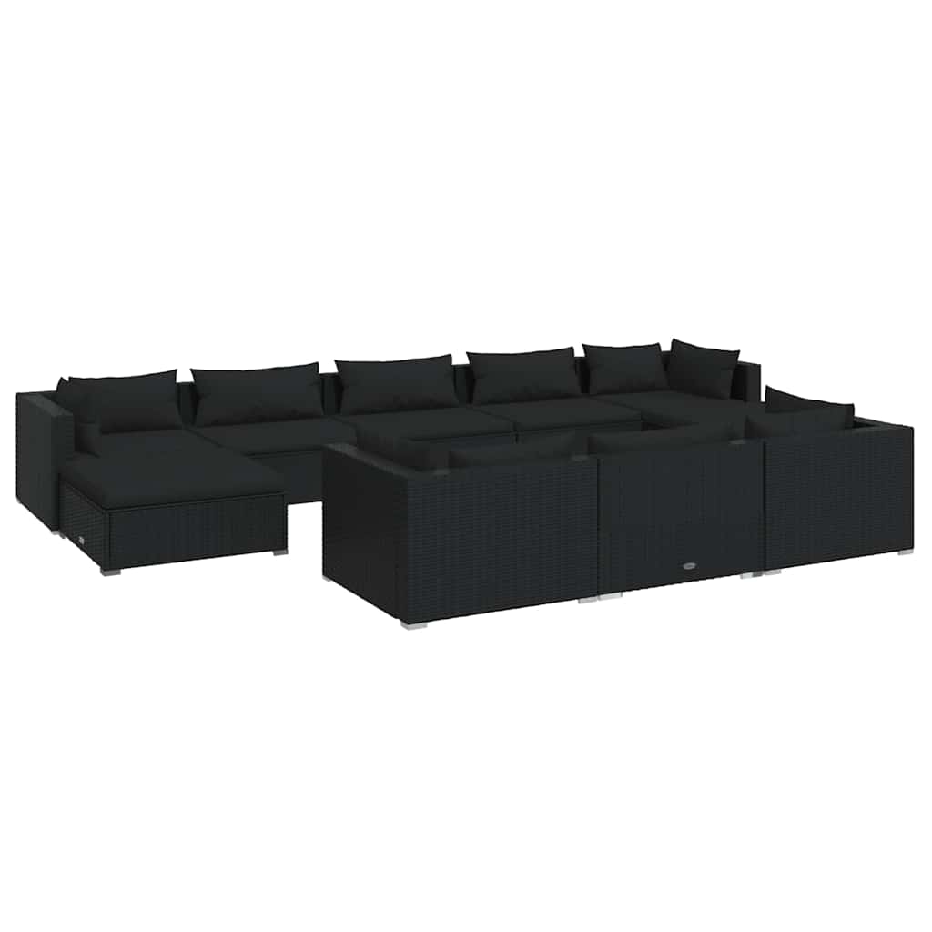 10 részes fekete polyrattan kerti ülőgarnitúra párnákkal 2