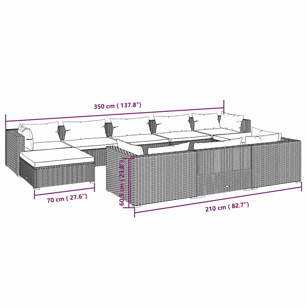 10 részes fekete polyrattan kerti ülőgarnitúra párnákkal 9
