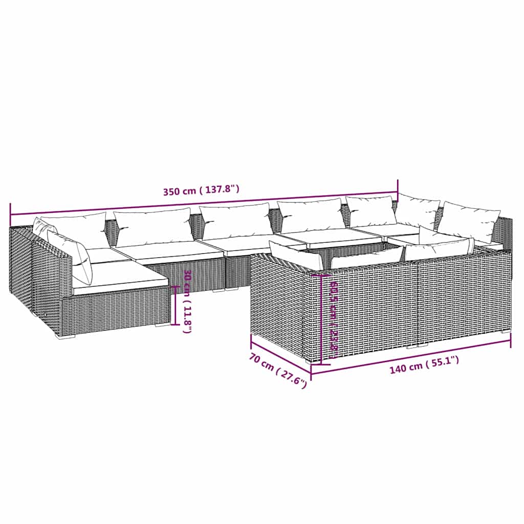 9 részes barna polyrattan kerti ülőgarnitúra párnákkal 7