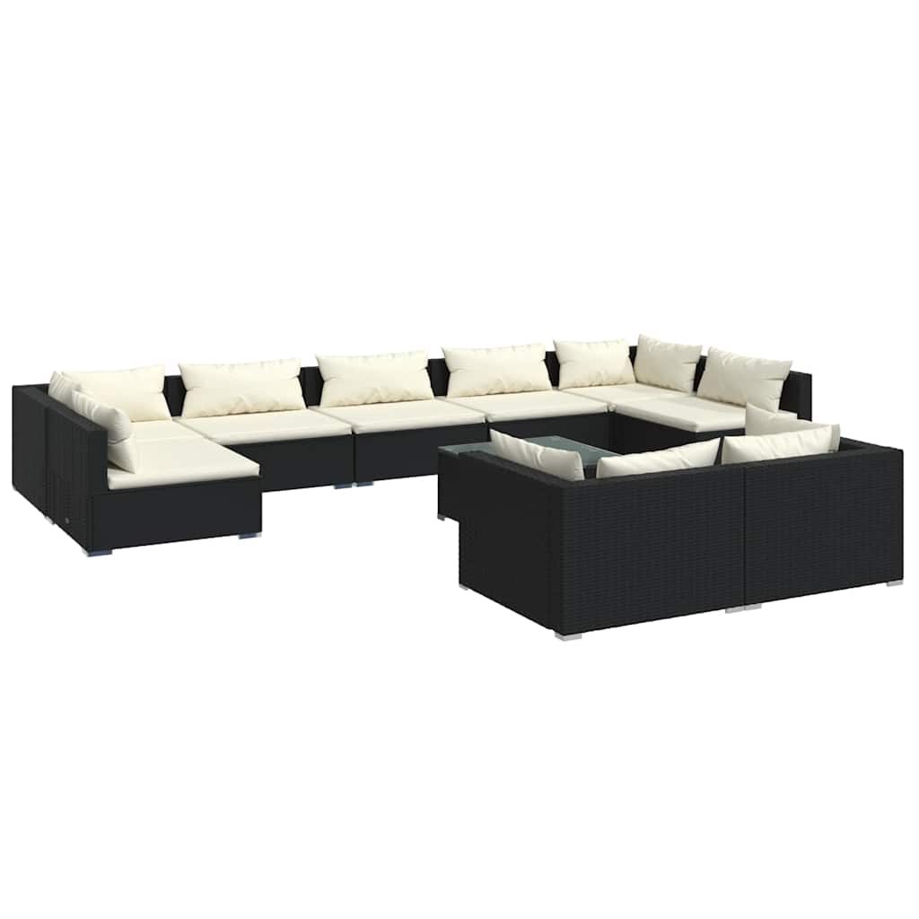 10 részes fekete polyrattan kerti ülőgarnitúra párnákkal 2