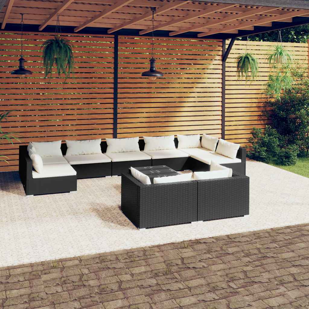 10 részes fekete polyrattan kerti ülőgarnitúra párnákkal