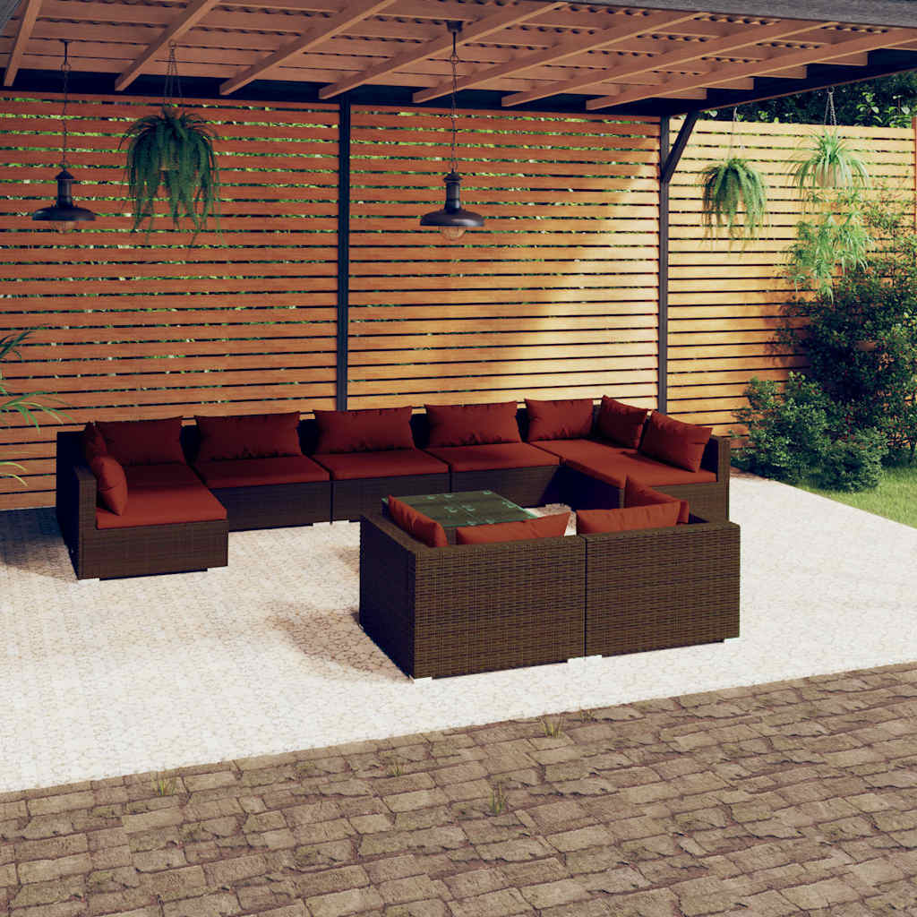 10 részes barna polyrattan kerti bútorszett párnákkal