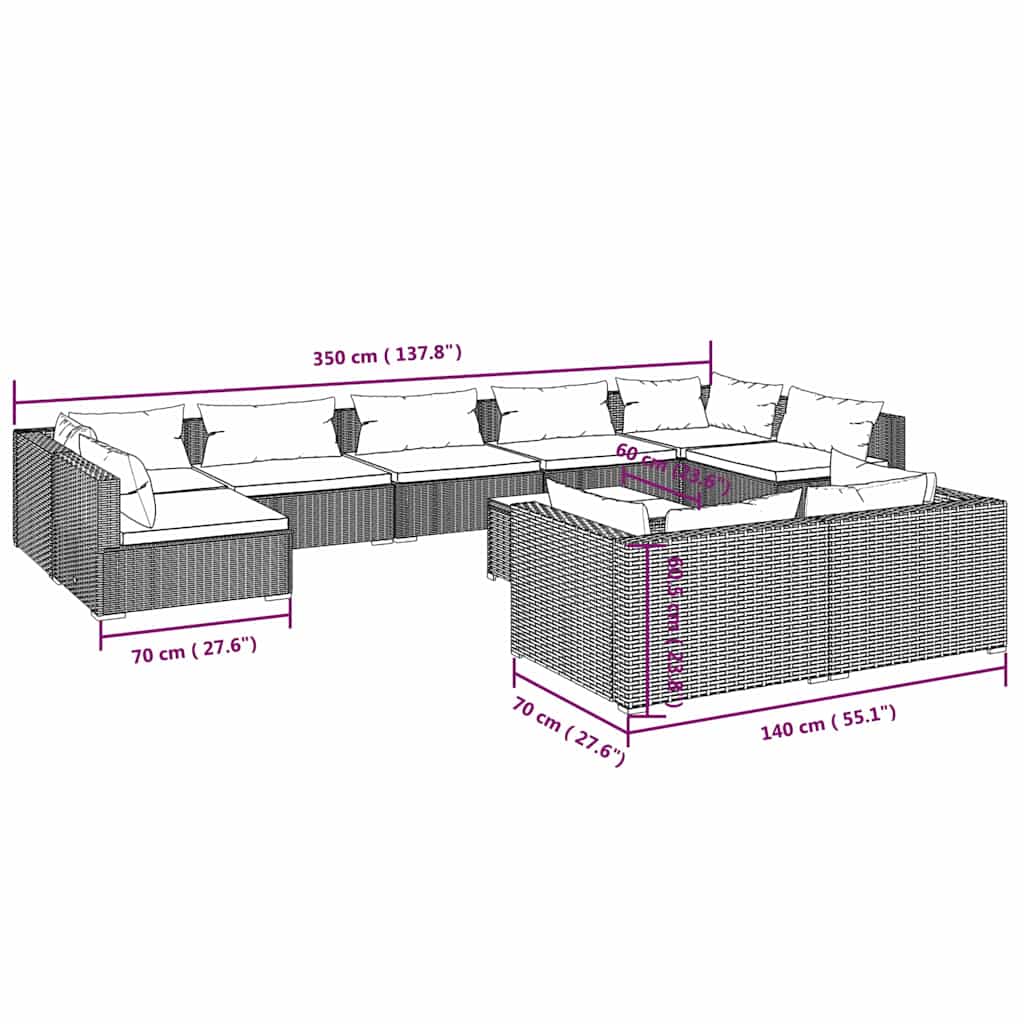10 részes barna polyrattan kerti bútorszett párnákkal 9