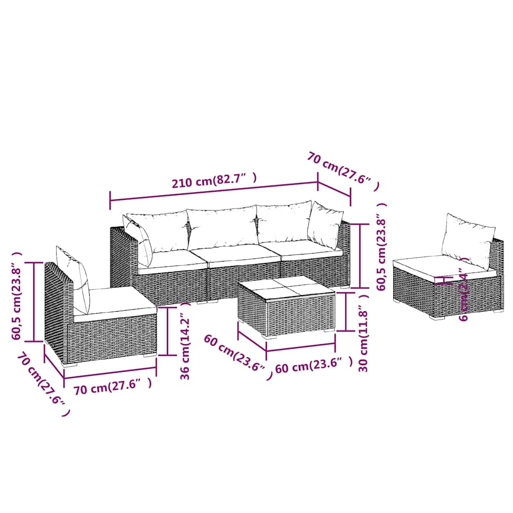 6 részes fekete polyrattan kerti ülőgarnitúra párnákkal 9