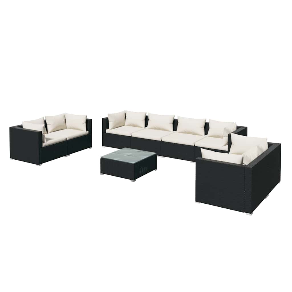 9 részes fekete polyrattan kerti ülőgarnitúra párnákkal 2