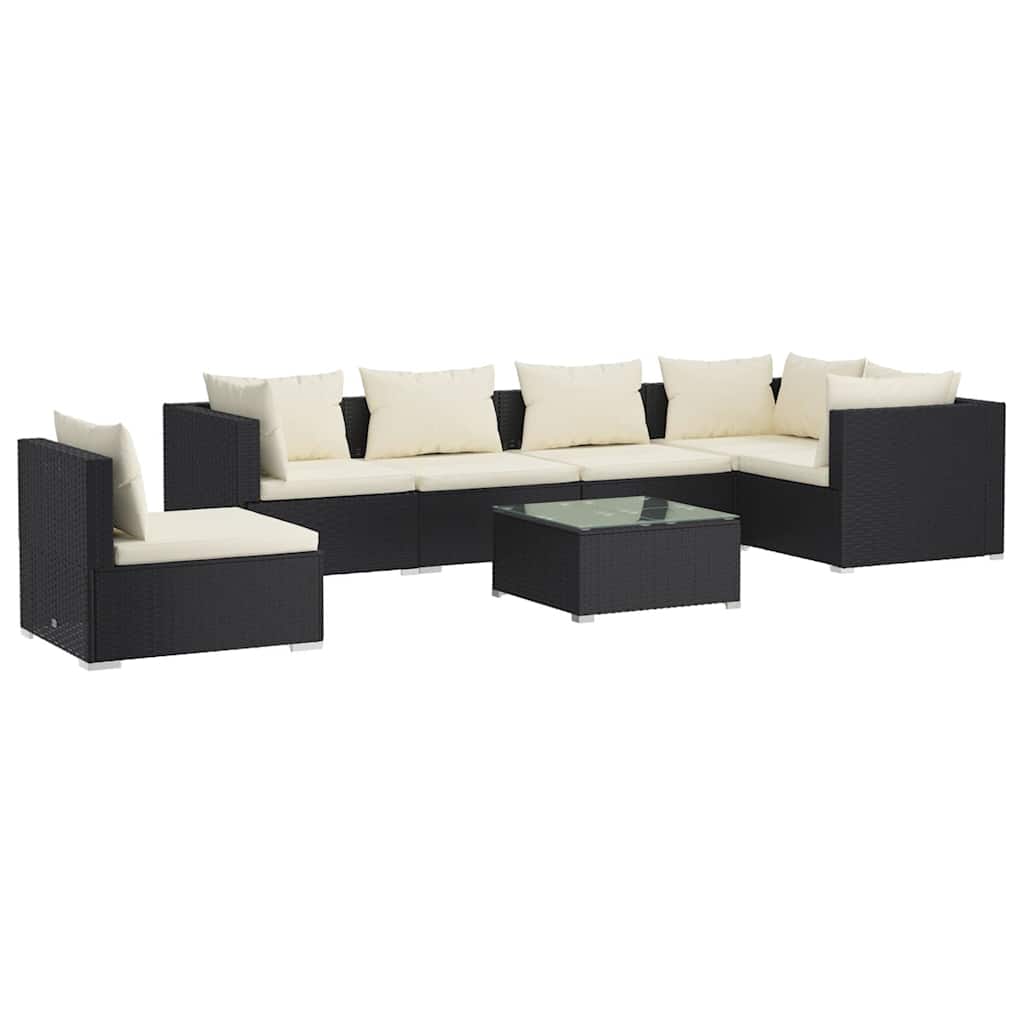 7 részes fekete polyrattan kerti ülőgarnitúra párnákkal 2
