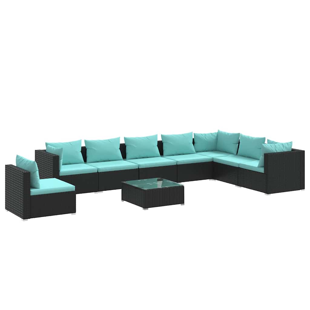 9 részes fekete polyrattan kerti ülőgarnitúra párnákkal 2