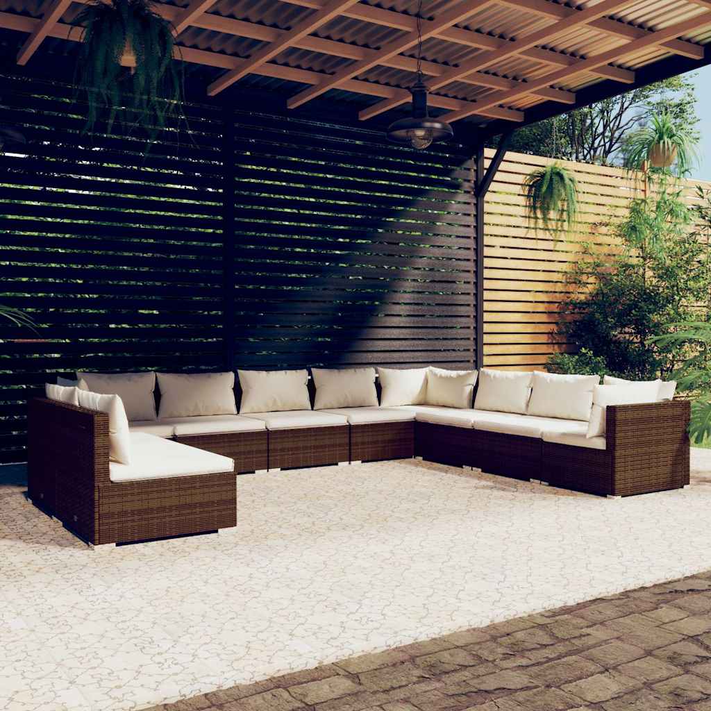 10 részes barna polyrattan kerti bútorszett párnákkal