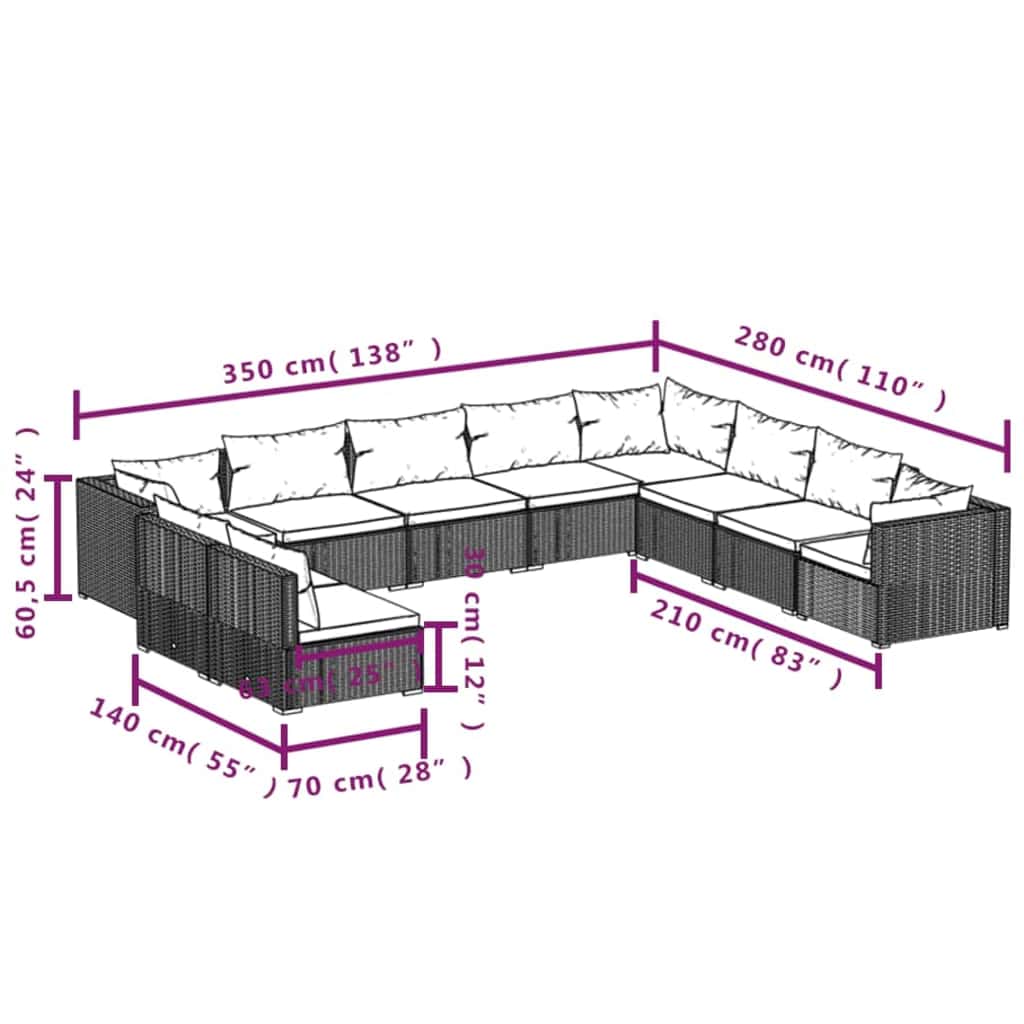 10 részes barna polyrattan kerti bútorszett párnákkal 5