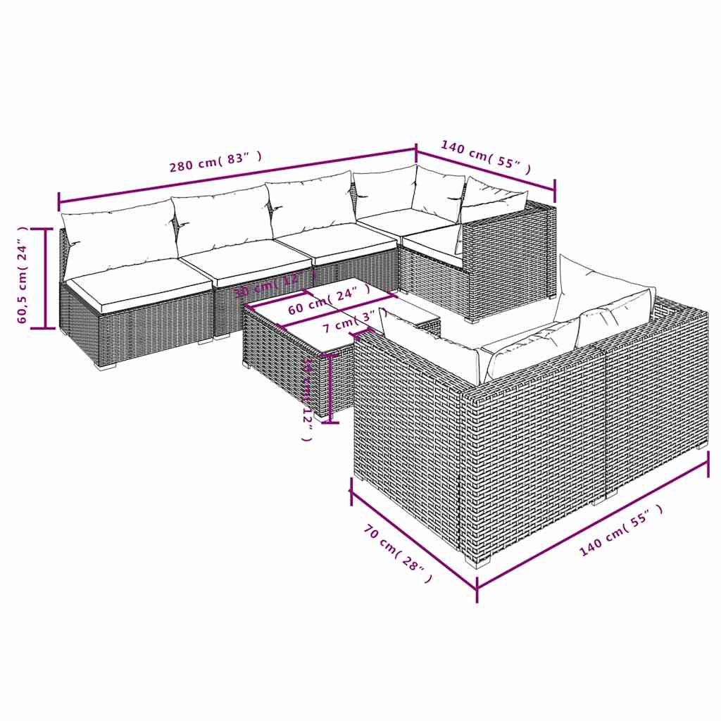 8 részes barna polyrattan kerti ülőgarnitúra párnákkal 6