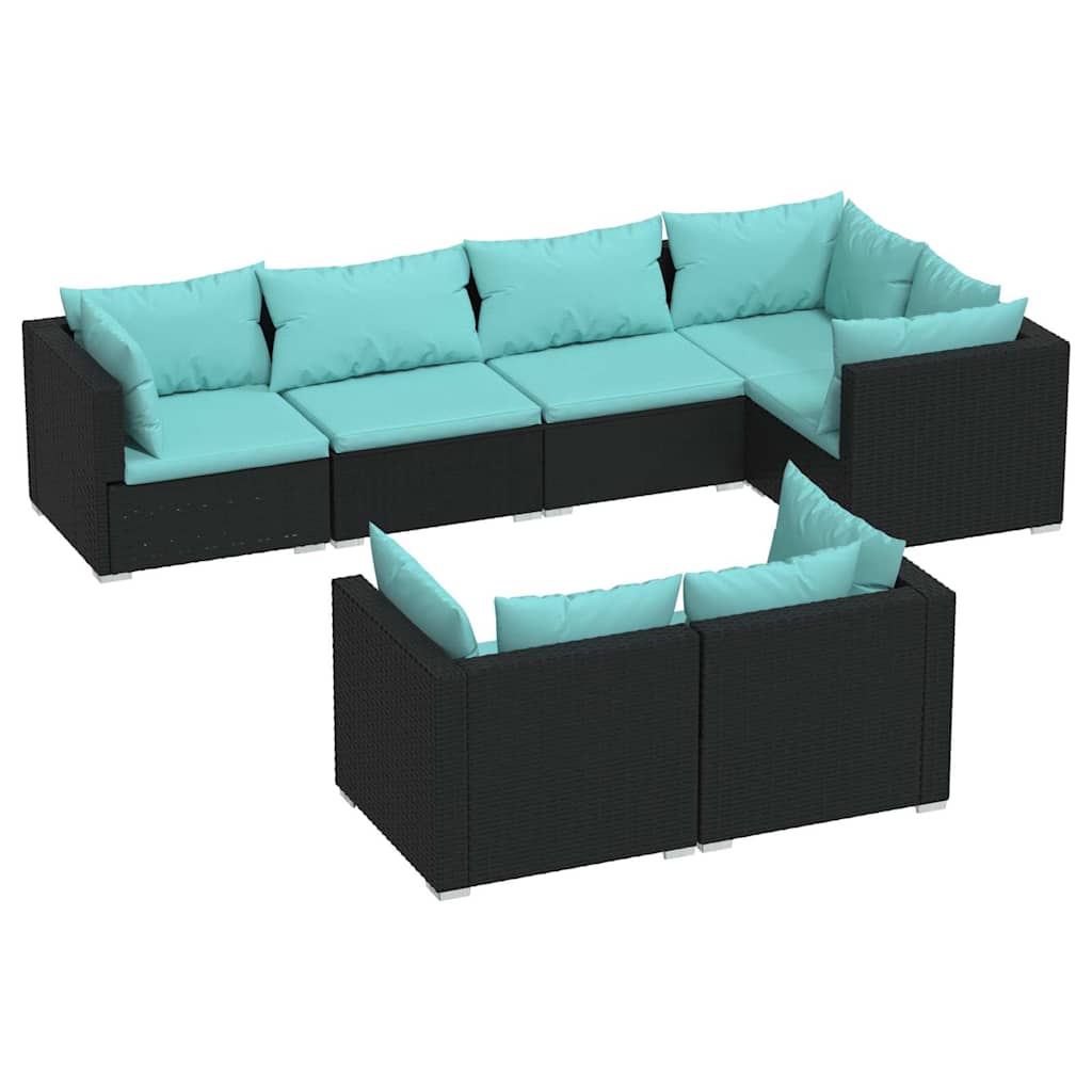 7 részes fekete polyrattan kerti ülőgarnitúra párnákkal 2