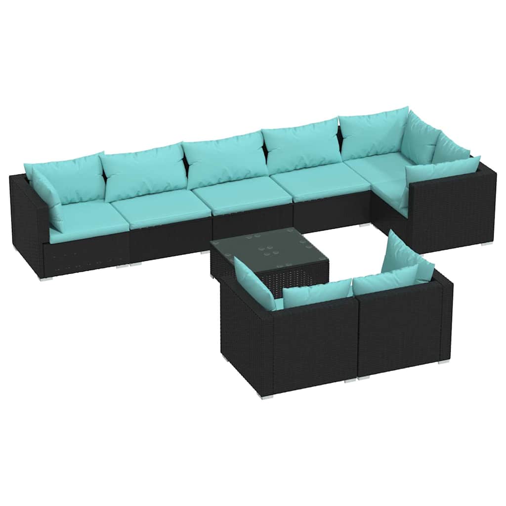 9 részes fekete polyrattan kerti ülőgarnitúra párnákkal 2