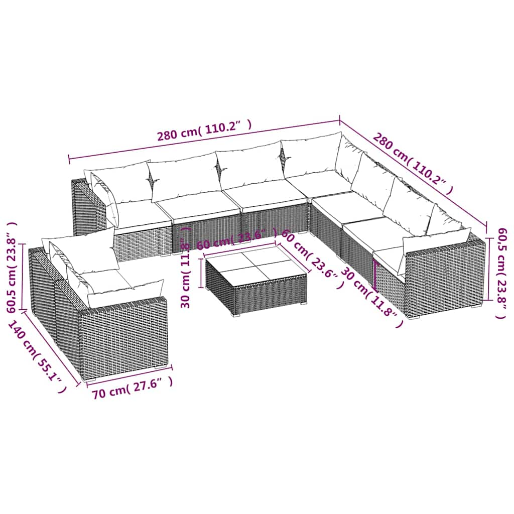 10 részes barna polyrattan kerti bútorszett párnákkal 6
