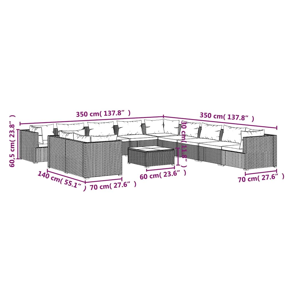 12 részes szürke polyrattan kerti ülőgarnitúra párnákkal 6