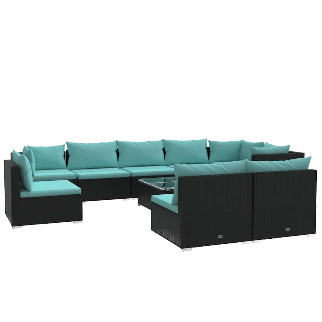 10 részes fekete polyrattan kerti ülőgarnitúra párnákkal 2