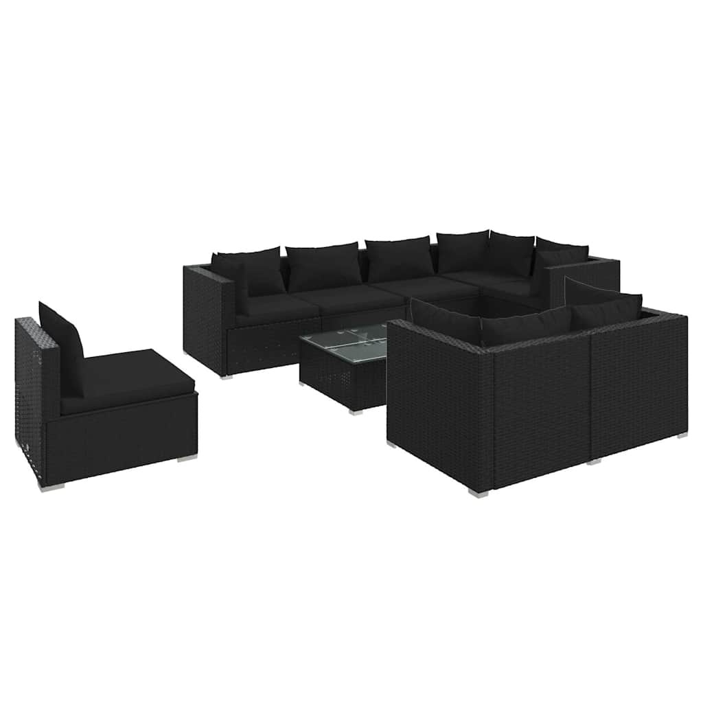 9 részes fekete polyrattan kerti ülőgarnitúra párnákkal 2